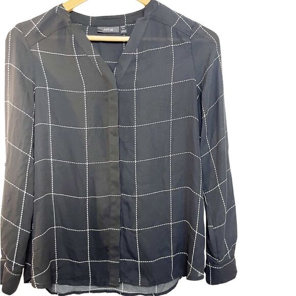 Apt. 9 Checkered Button Down Long Sleeve Blouse Black & White Size Small Petite - Picture 2 of 5
